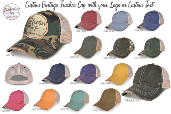 Your Logo on a Distressed Raggy Patch Hat, Vintage Mesh Trucker Hat,  SassyPantsTees